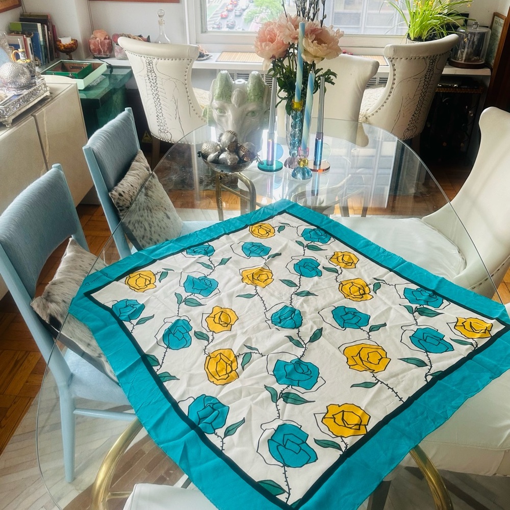 Christian Dior vintage Rose print silk scarf Rare colors(turquoise blue,bright)